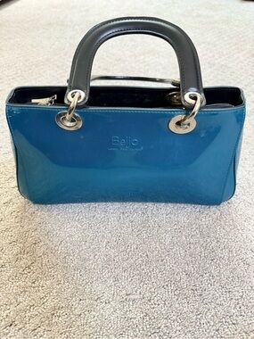Beijo Teal Patent Leather Satchel with Black Handles